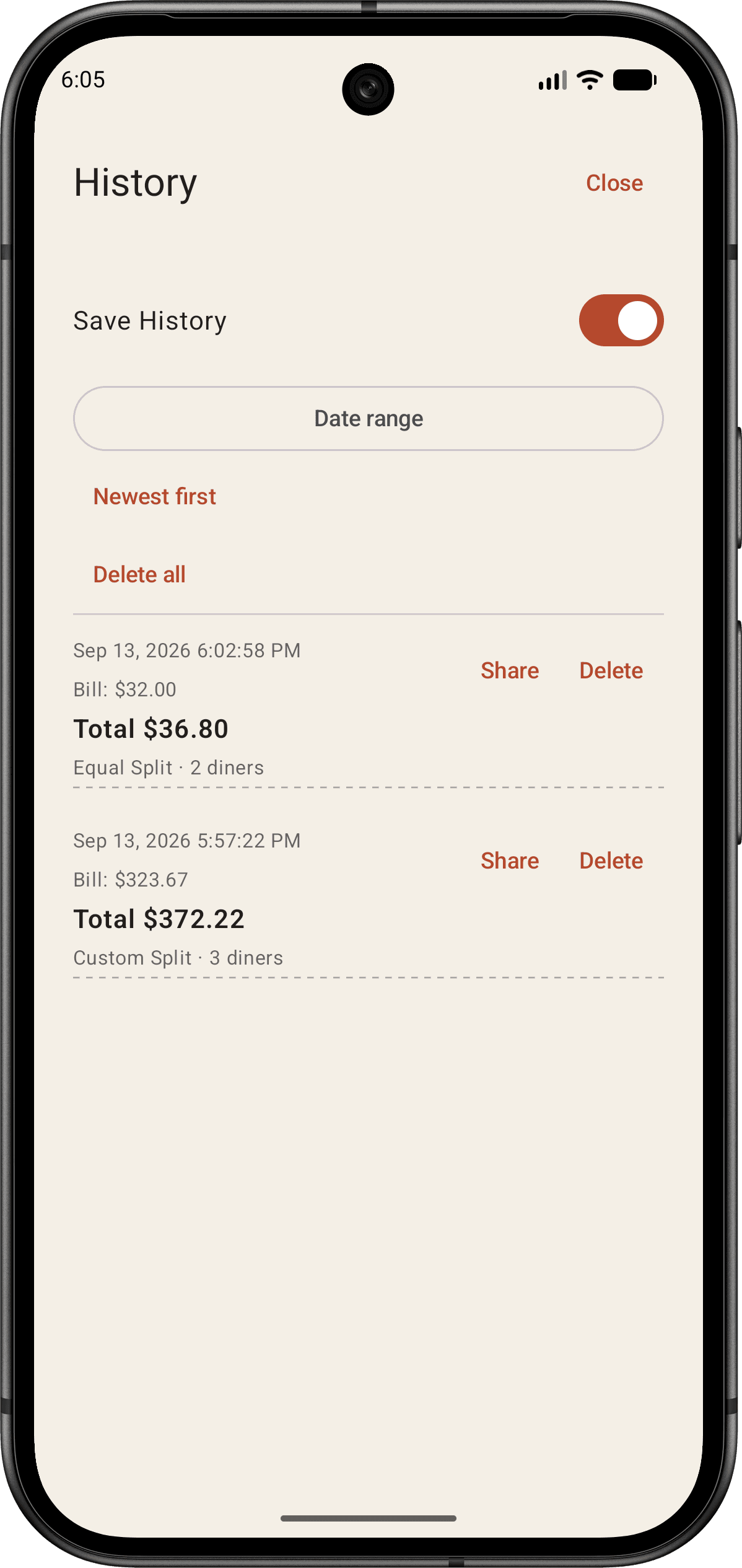 TipDivide notes screen