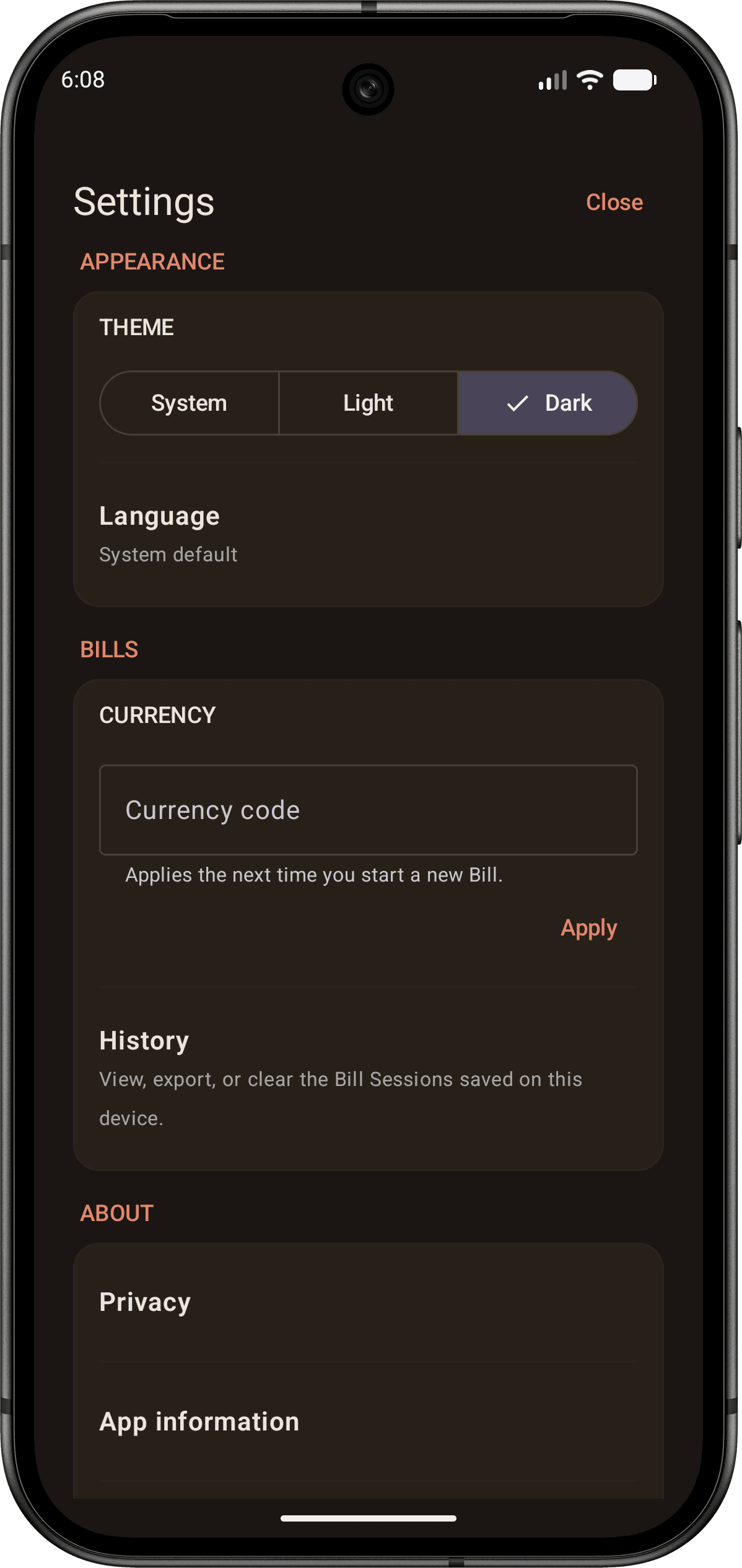 TipDivide statistics screen